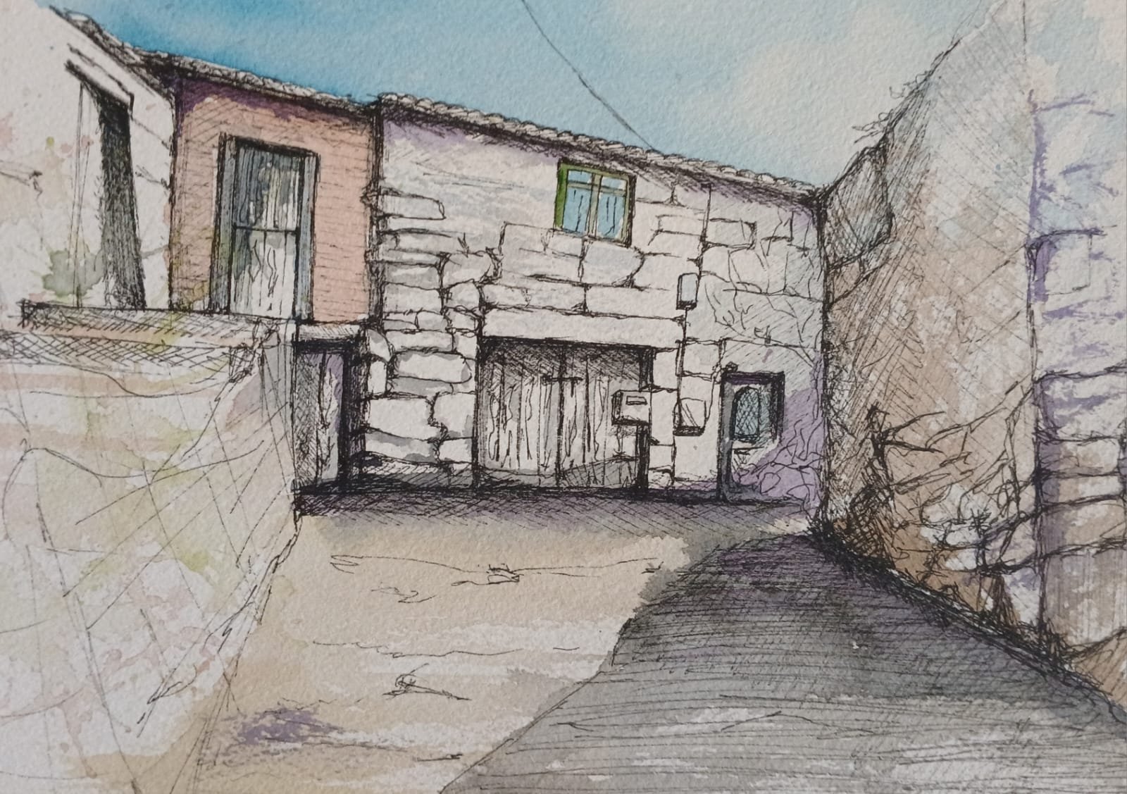 Paysage urbain d'une ruelle de pierre, à l'encre et à l'aquarelle