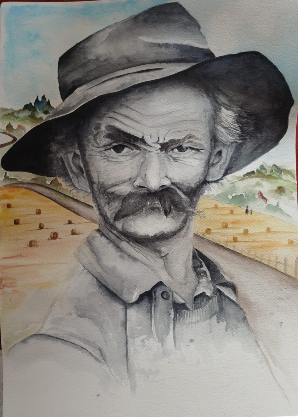 Portrait à l'aquarelle d'un homme de la campagne avec chapeau et moustache