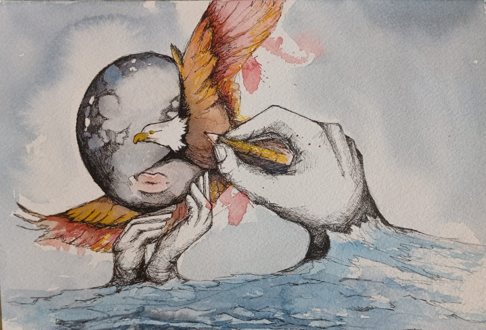 Illustration d'un aigle porté par des mains, au-dessus de la mer