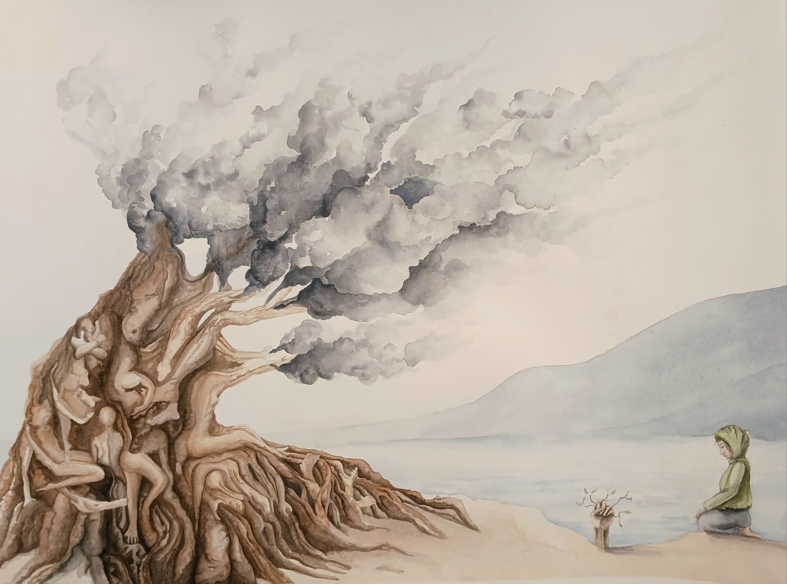 Illustration d'un arbre dont les racines enveloppent des figures humaines, face à la mer