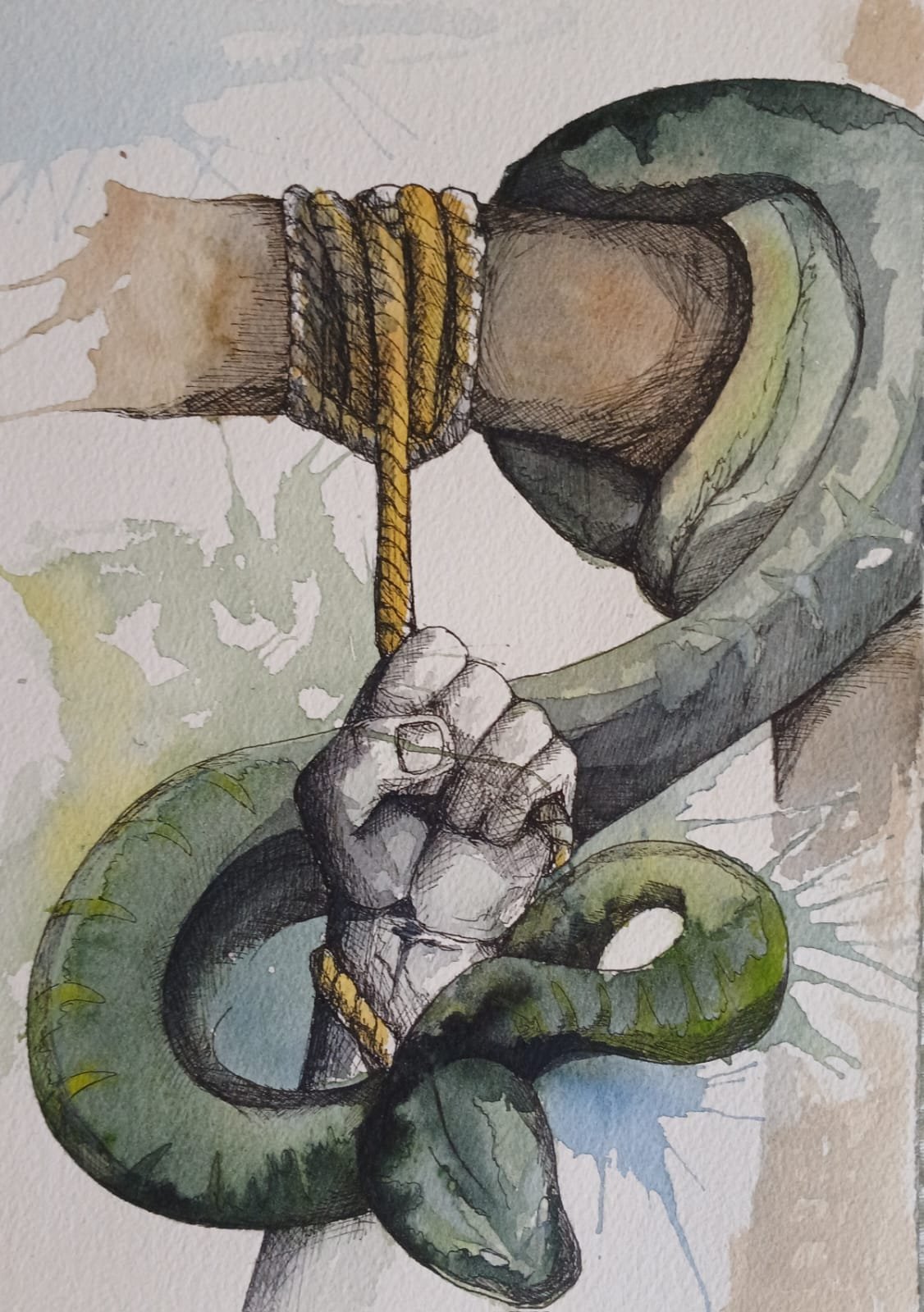 Illustration d'un serpent enroulé autour d'un bras attaché par une corde