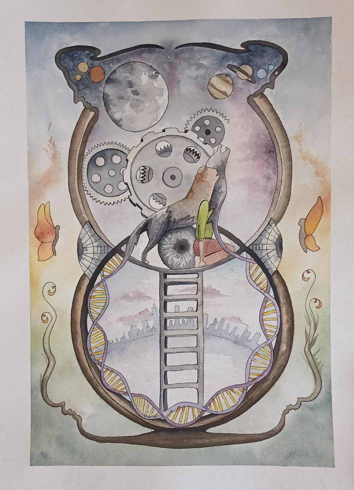Illustration surréaliste avec des engrenages, des planètes et un escalier vers une ville
