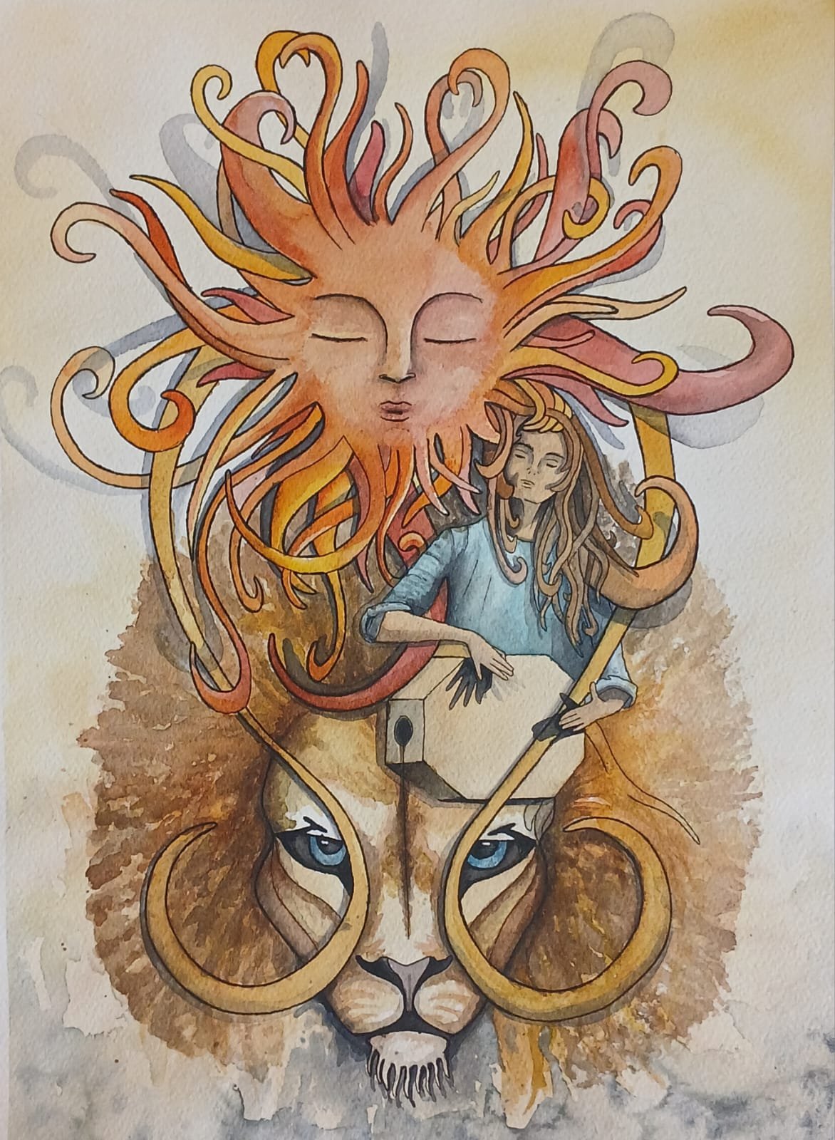 Illustration symbolique d'une lionne, d'un soleil au visage humain et d'une femme
