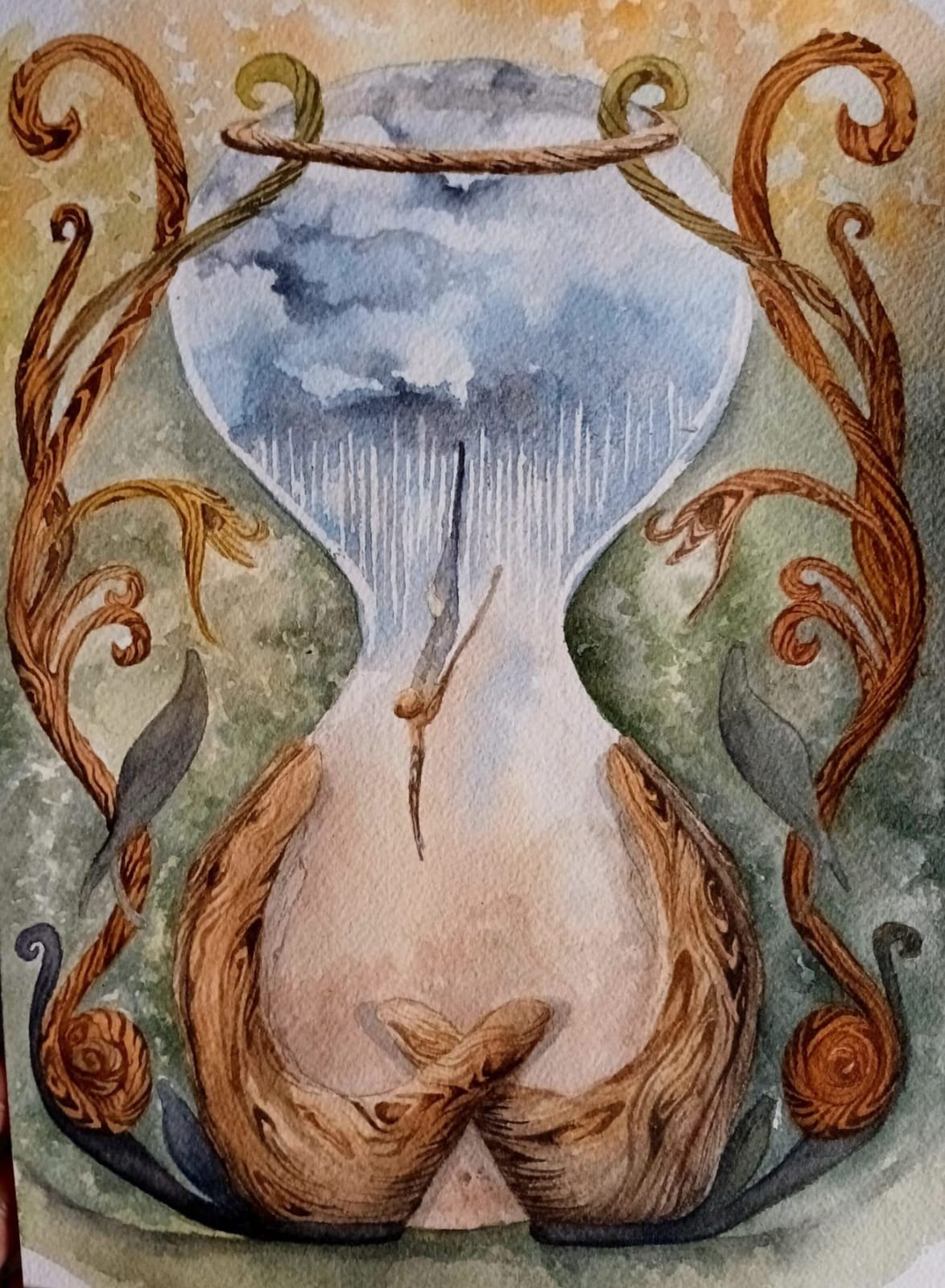 Illustration d'un sablier aux racines de bois, à l'aquarelle
