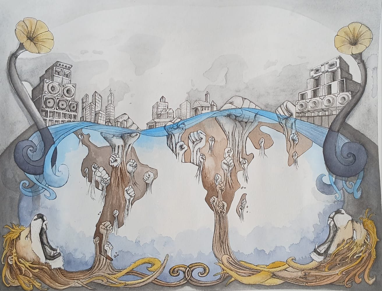 Illustration symbolique d'une ville avec des haut-parleurs, des poings levés et des sirènes
