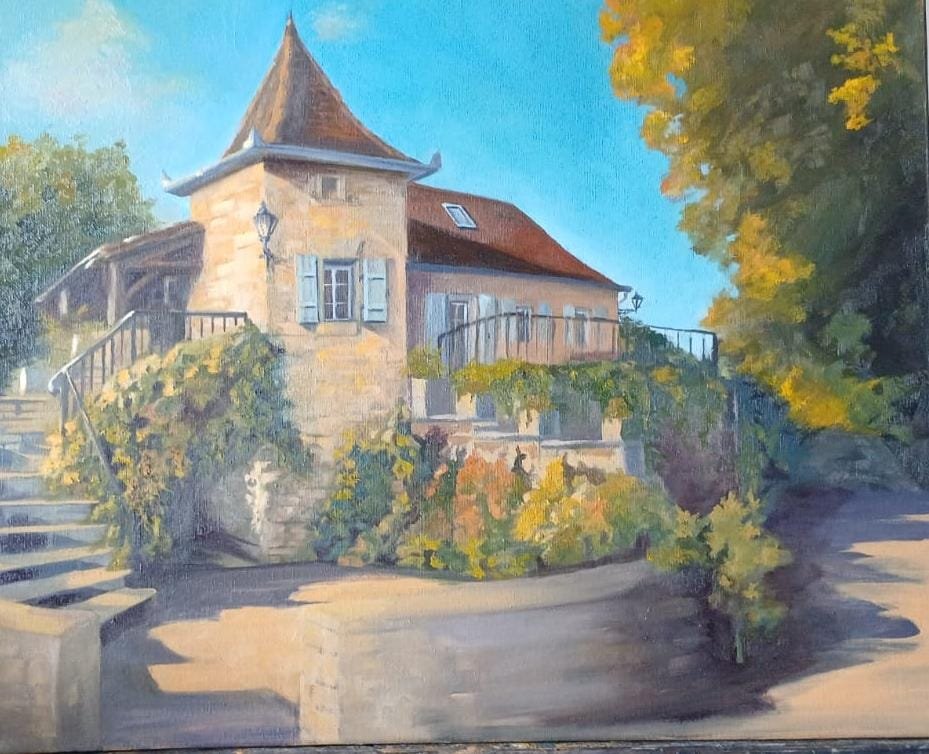 Paysage à l'huile d'une maison en pierre avec tourelle, entourée de végétation