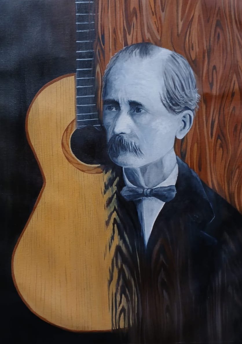 Portrait à l'huile d'un homme près d'une guitare