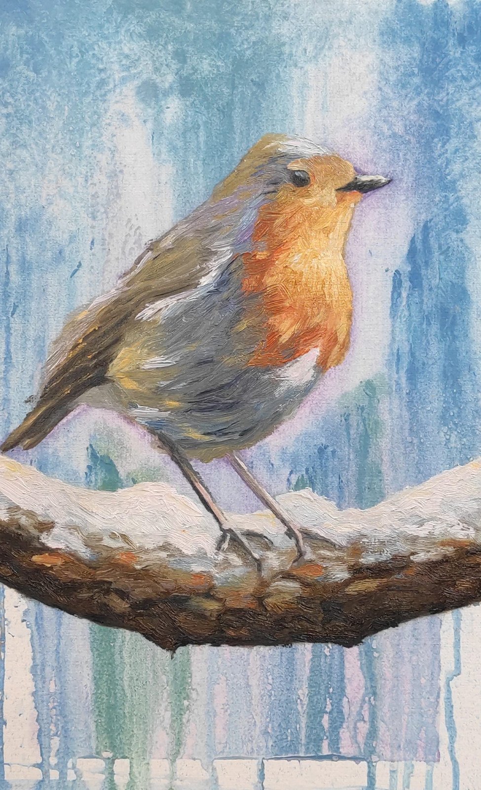 Rouge-gorge posé sur une branche enneigée, peint à l'huile