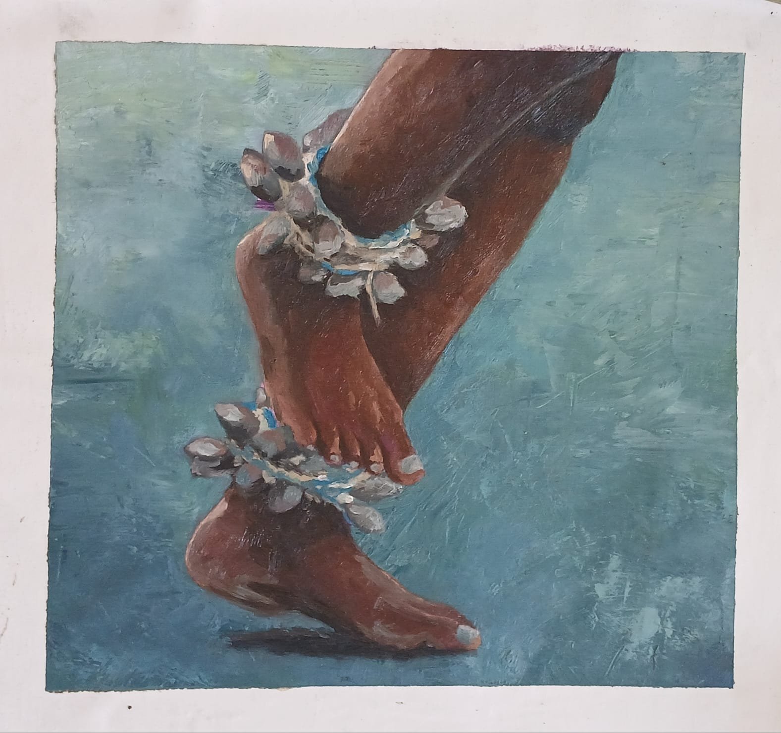 Détail à l'huile de deux pieds portant des chevillères