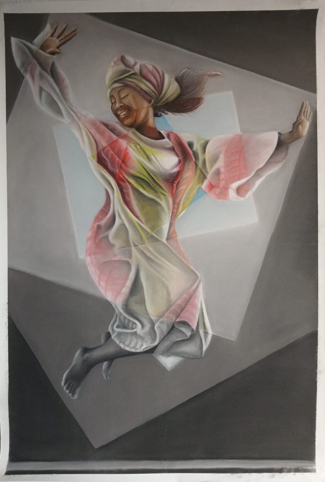 Figure féminine en plein mouvement, avec des voiles, au pastel de couleur