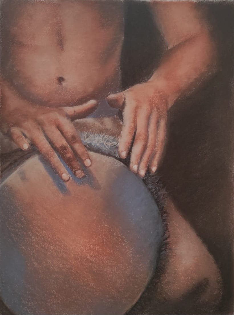 Détail au pastel de mains jouant du tambour