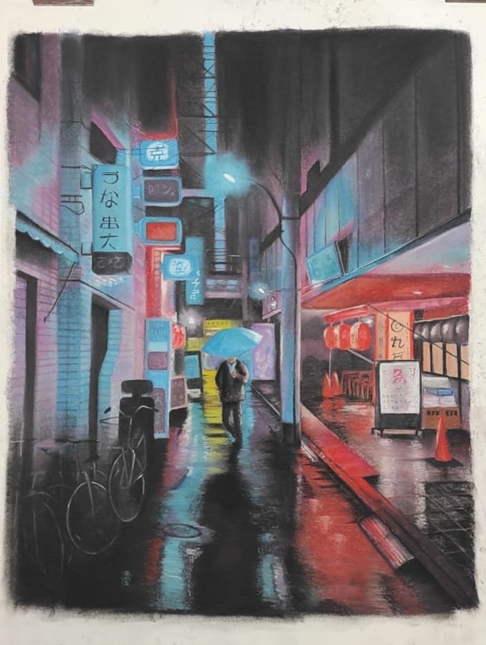 Paysage urbain nocturne sous la pluie, avec des enseignes lumineuses, au pastel